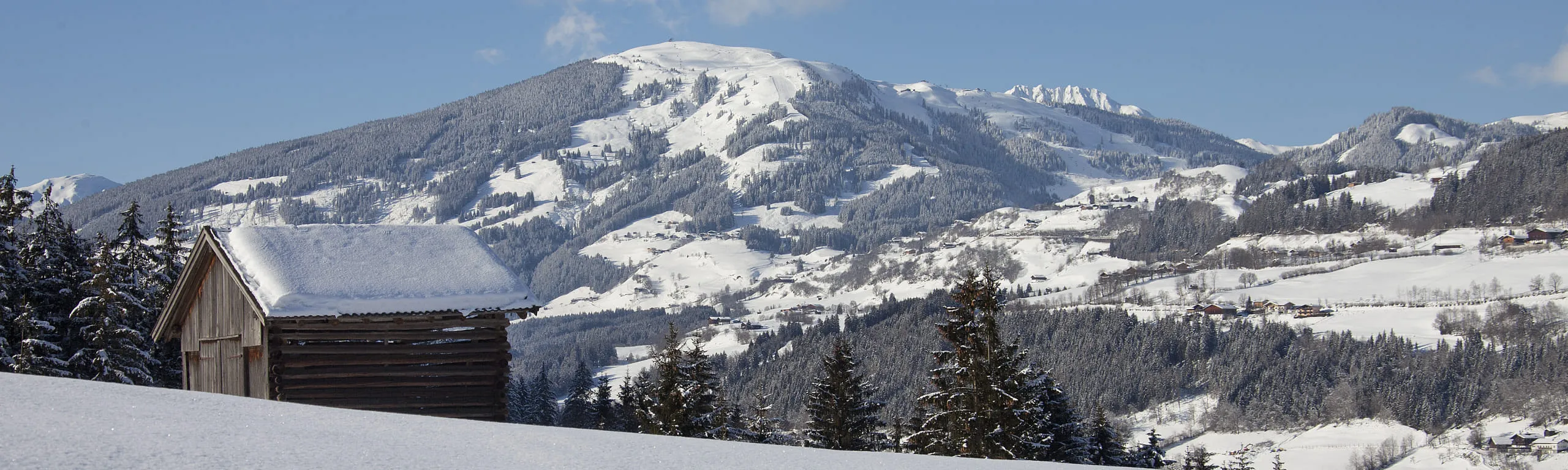 Schneebedeckte Landschaft mit einem Holzhaus und Bergen im Hintergrund.